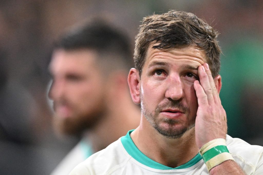 South Africa's flanker Kwagga Smith reacts at the end of the France 2023 Rugby World Cup Pool B match between South Africa and Ireland at the Stade de France in Saint-Denis, on the outskirts of Paris on September 23, 2023.