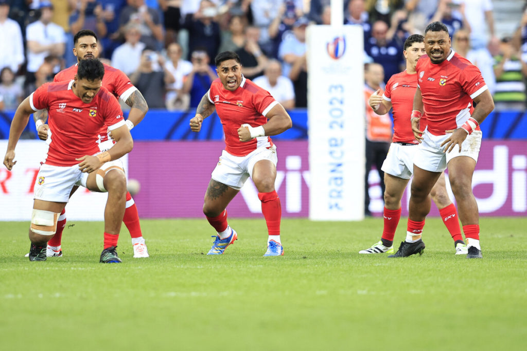 Tonga's players perform the Sipi Tau dance prior to the France 2023 Rugby World Cup Pool B match between Scotland and Tonga at Stade de Nice in Nice, southern France on September 24, 2023.