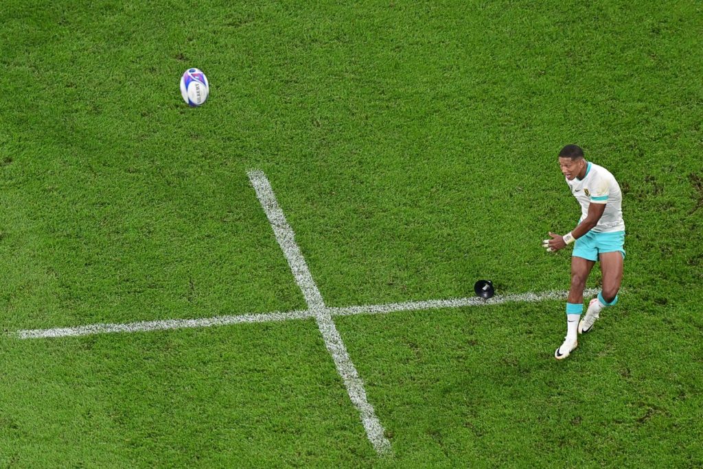 South Africa's fly-half Manie Libbok kicks the ball during the France 2023 Rugby World Cup Pool B match between South Africa and Ireland at the Stade de France in Saint-Denis, on the outskirts of Paris on September 23, 2023.