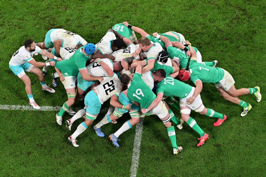 South Africa's players and Ireland players vie in a maul during the France 2023 Rugby World Cup Pool B match between South Africa and Ireland at Stade de France in Saint-Denis, on the outskirts of Paris on September 23, 2023.