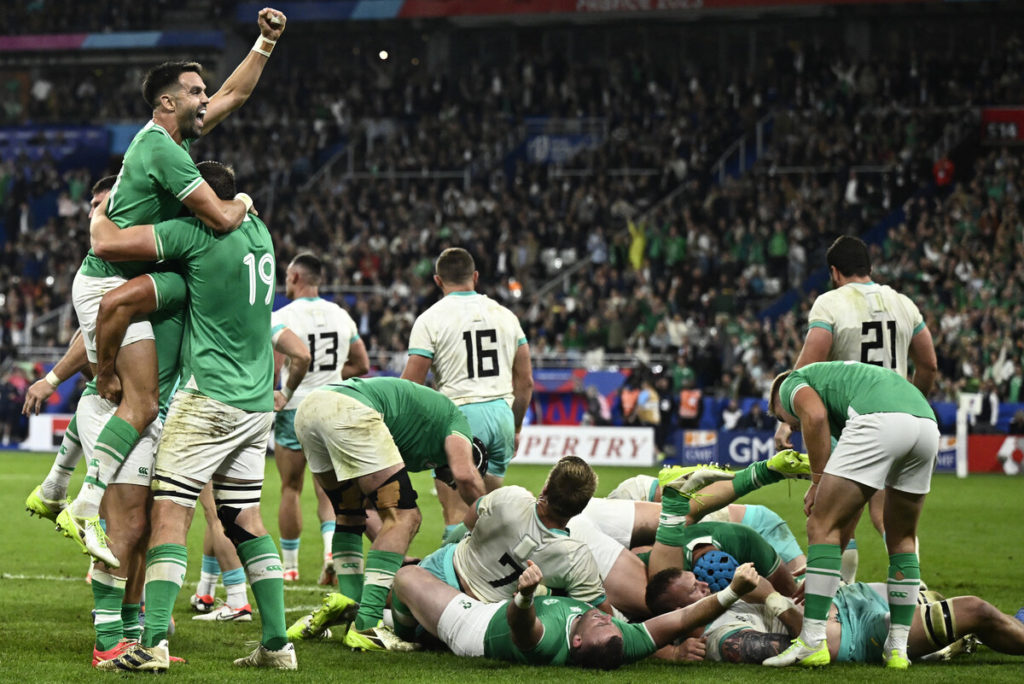Ireland's scrum-half Conor Murray (up) celebrates the victory at the end of the France 2023 Rugby World Cup Pool B match between South Africa and Ireland at the Stade de France in Saint-Denis, on the outskirts of Paris, on September 23, 2023.