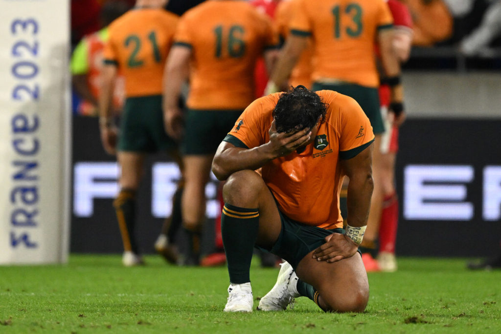 Australia's prop Pone Fa'amausili reacts at the end of the France 2023 Rugby World Cup Pool C match between Wales and Australia at the OL Stadium in Decines-Charpieu near Lyon, south-eastern France on September 24, 2023.