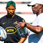 TOULON, FRANCE - SEPTEMBER 07: Manie Libbok of South Africa with Mzwandile Stick (Backs Coach) of South Africa during the South Africa men's national rugby team training session at Stade Mayol on September 07, 2023 in Toulon, France. (Photo by Steve Haag/Gallo Images)