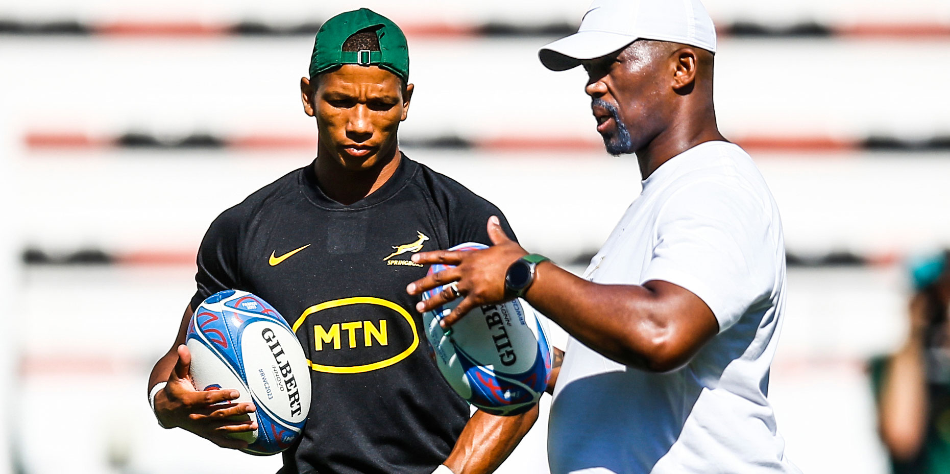 TOULON, FRANCE - SEPTEMBER 07: Manie Libbok of South Africa with Mzwandile Stick (Backs Coach) of South Africa during the South Africa men's national rugby team training session at Stade Mayol on September 07, 2023 in Toulon, France. (Photo by Steve Haag/Gallo Images)