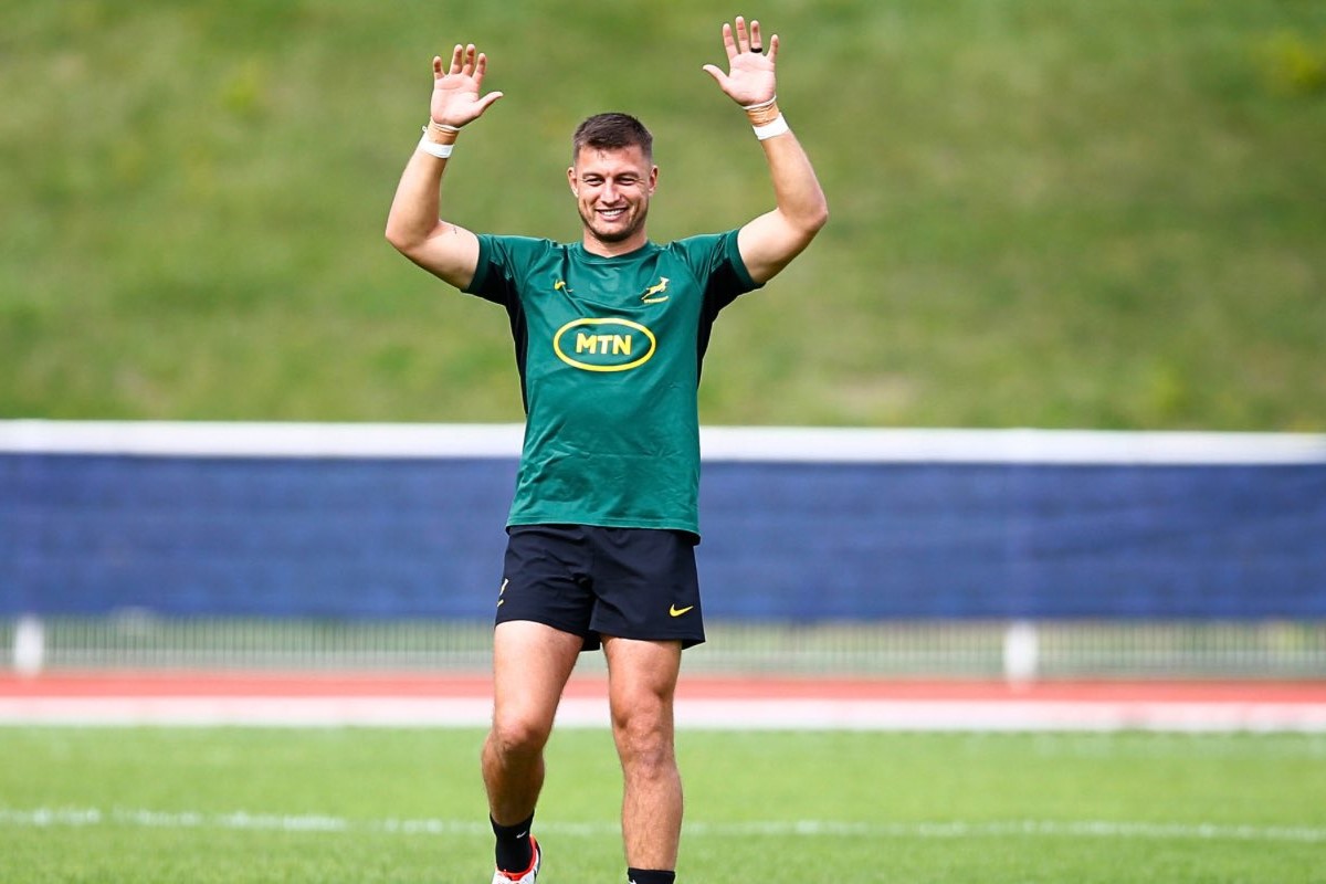 DOMONT, FRANCE - SEPTEMBER 19: Handre Pollard of South Africa during the South Africa men's national rugby team training session at Stade Omnisports des Fauvettes on September 19, 2023 in Domont, France. (Photo by Steve Haag/Gallo Images)