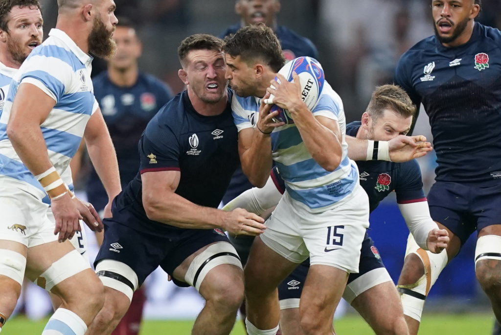 England's Tom Curry (left) makes head on head contact with Argentina's Juan Mallia which results in a red card during the 2023 Rugby World Cup Pool D match at the Stade de Marseille, France. Picture date: Saturday September 9, 2023.