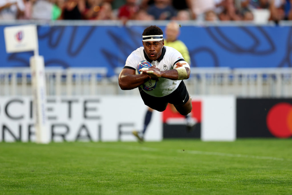 BORDEAUX, FRANCE - SEPTEMBER 30: Vinaya Habosi of Fiji scores his team's second try during the Rugby World Cup France 2023 match between Fiji and Georgia at Nouveau Stade de Bordeaux on September 30, 2023 in Bordeaux, France. (Photo by Phil Walter/Getty Images)