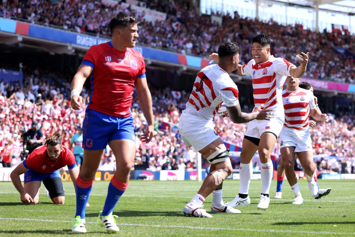 Japan's players celebrate scoring their first try during the France 2023 Rugby World Cup Pool D match between Japan and Chile at Stadium de Toulouse in Toulouse, south-western France on September 10, 2023.