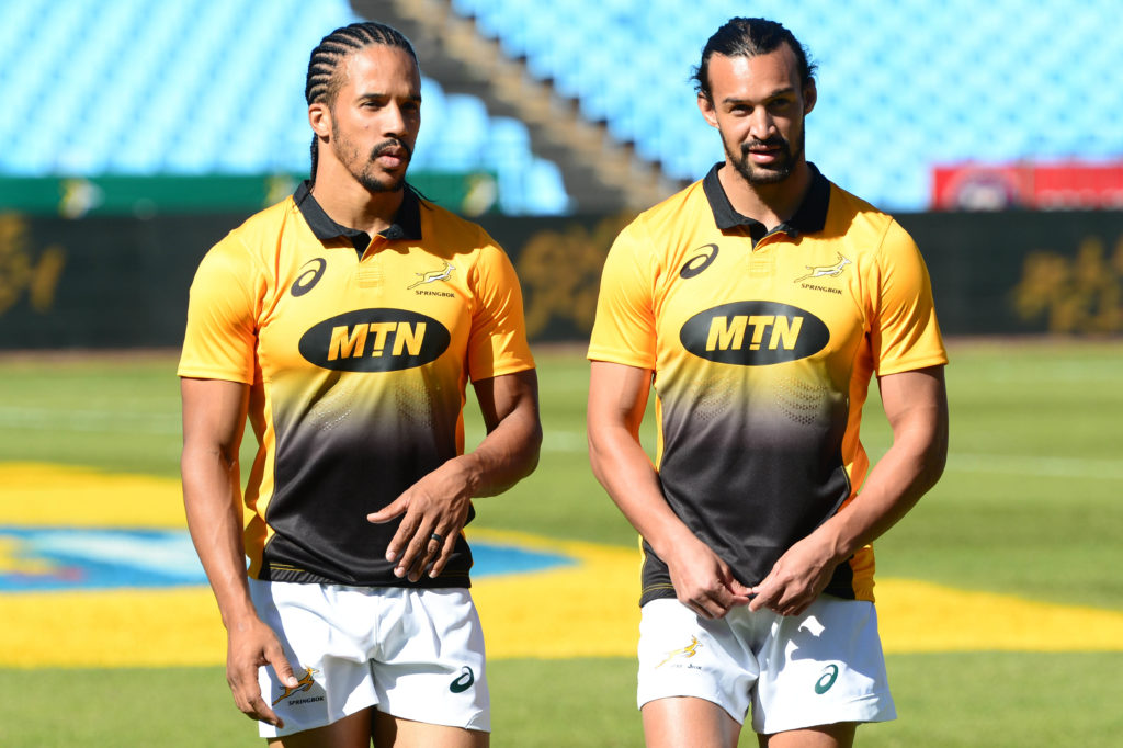 PRETORIA, SOUTH AFRICA - JUNE 09: Courtnall Skosan and Dillyn Leyds of the Springboks during the Castle Lager Incoming Series Springbok Captains run at Loftus Versfeld on June 09, 2017 in Pretoria, South Africa.