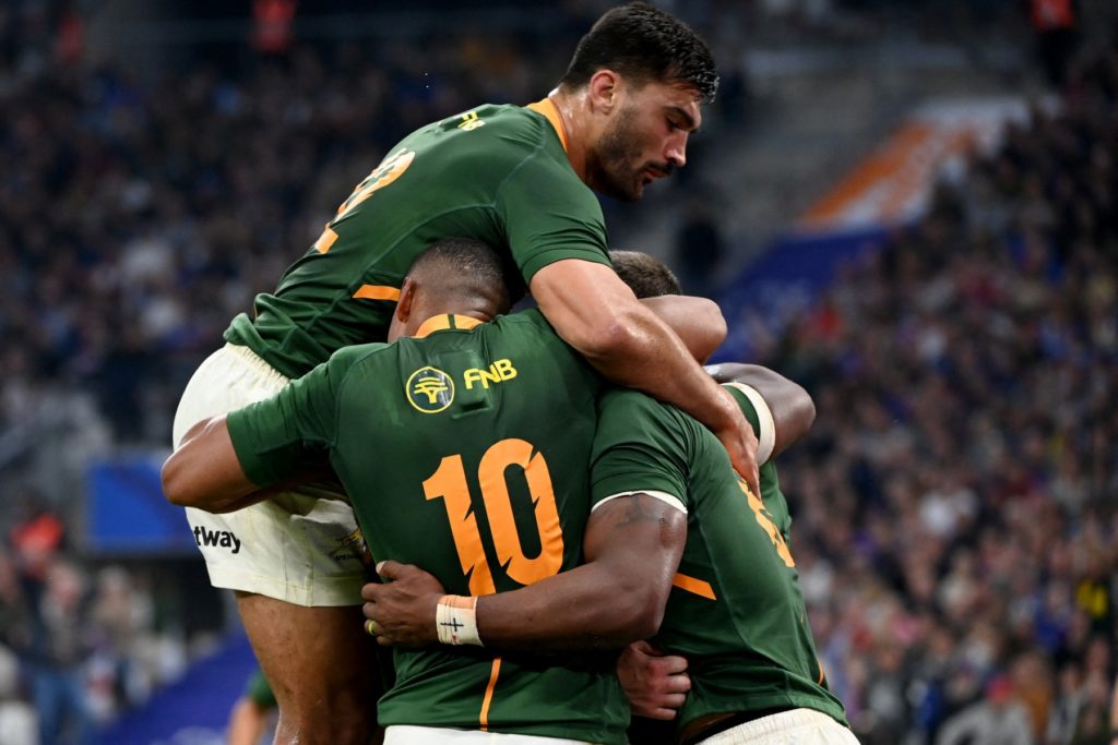 South Africa's players celebrate after a try during the Autumn Nations Series rugby union test match between France and South Africa at the Velodrome stadium in Marseille on November 12, 2022.