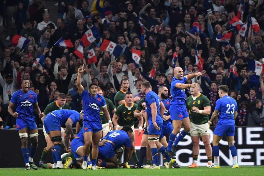 French players celebrate after scoring a try during the Autumn Nations Series rugby union test match between France and South Africa at the Velodrome stadium in Marseille on November 12, 2022. (