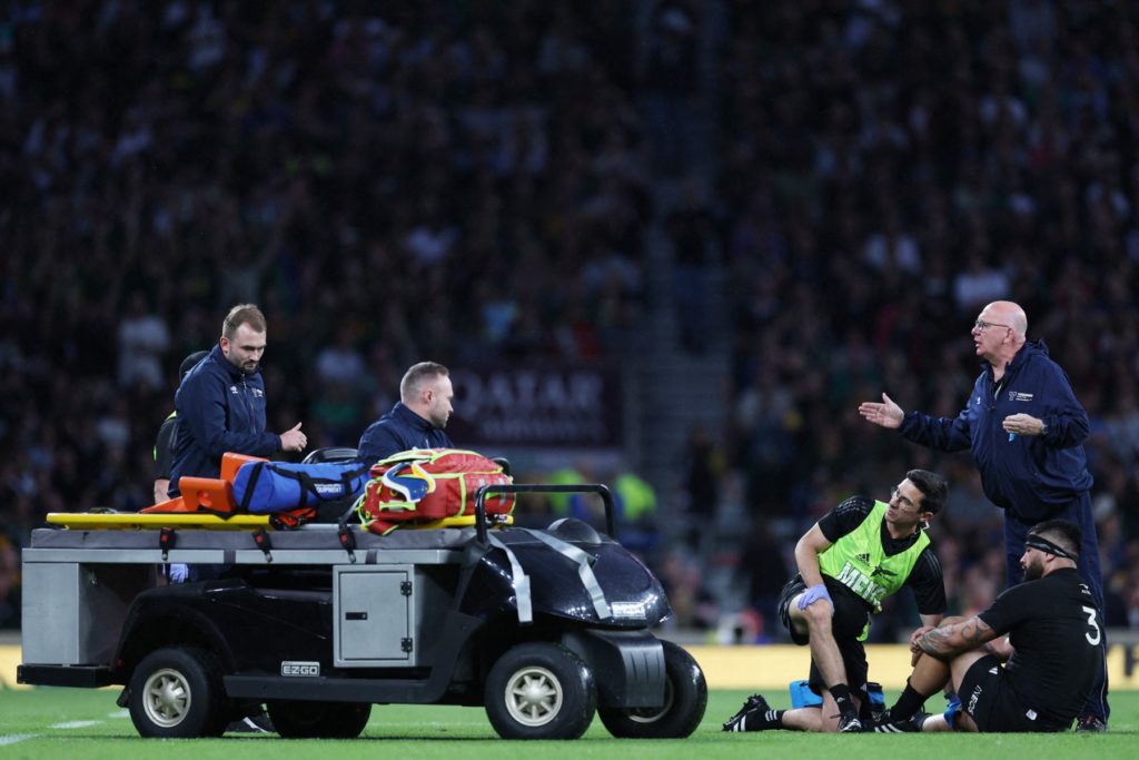 New Zealand's prop Tyrel Lomax receives medical treatment during the pre-World Cup Rugby Union match between New Zealand and South Africa at Twickenham Stadium in west London, on August 25, 2023.