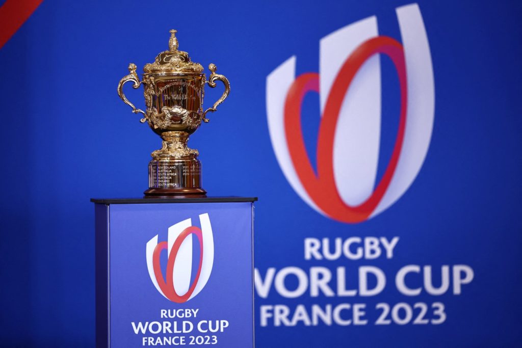 This photograph taken on September 4, 2023 shows the Rugby Union World Cup trophy, the Webb Ellis Cup, presented during the tournament opening conference in Paris, ahead of the Rugby World Cup 2023 France.