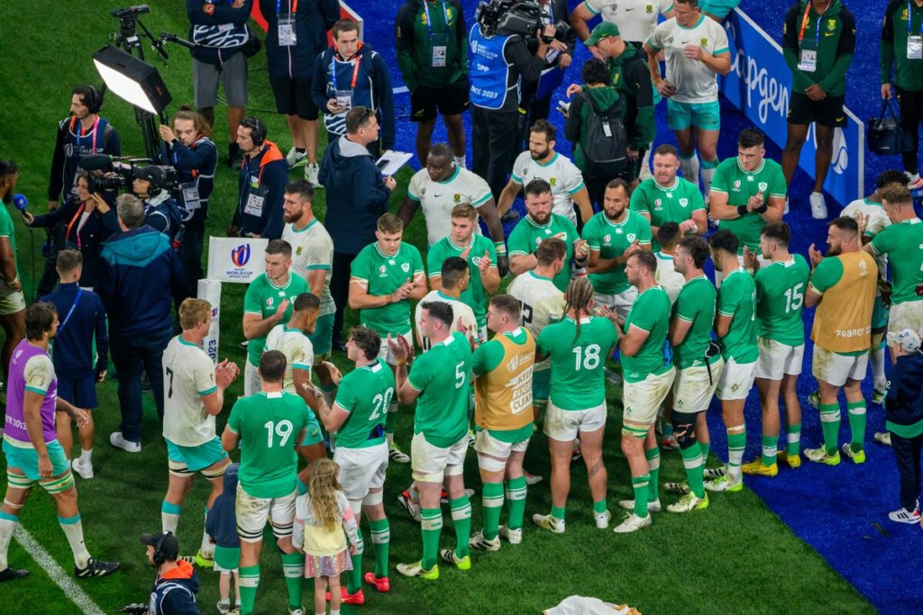 Ireland's players applaud South Africa's players as they leave the pitch after the France 2023 Rugby World Cup Pool B match between South Africa and Ireland at the Stade de France in Saint-Denis, on the outskirts of Paris, on September 23, 2023.
