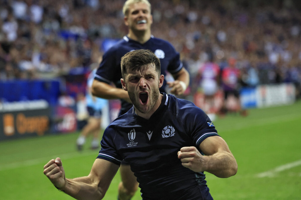 Scotland's full-back Blair Kinghorn celebrates after scoring a try during the France 2023 Rugby World Cup Pool B match between Scotland and Tonga at Stade de Nice in Nice, southern France on September 24, 2023.