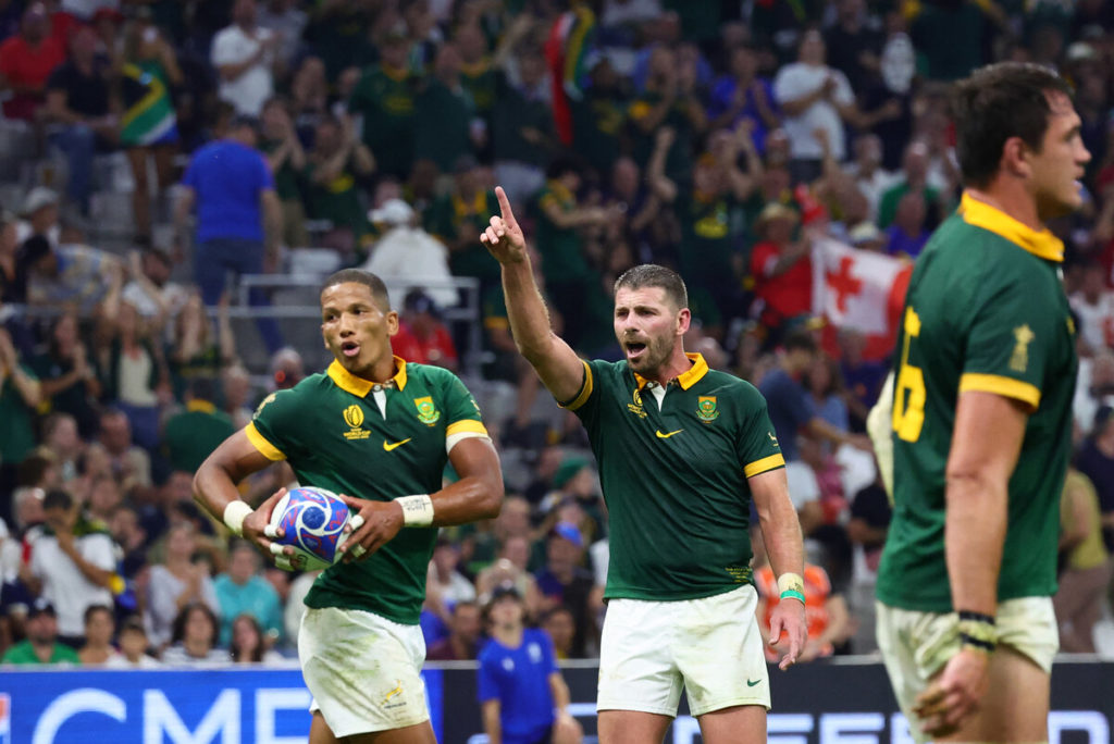 South Africa's full-back Willie Le Roux (C) ajnd South Africa's fly-half Manie Libbok (L) react during the France 2023 Rugby World Cup Pool B match between South Africa and Tonga at Stade Velodrome in Marseille, south-eastern France, on October 1, 2023.