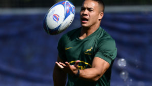 South Africa's wing Cheslin Kolbe plays with the ball during a training session in Toulon, southern France, on October 4, 2023.