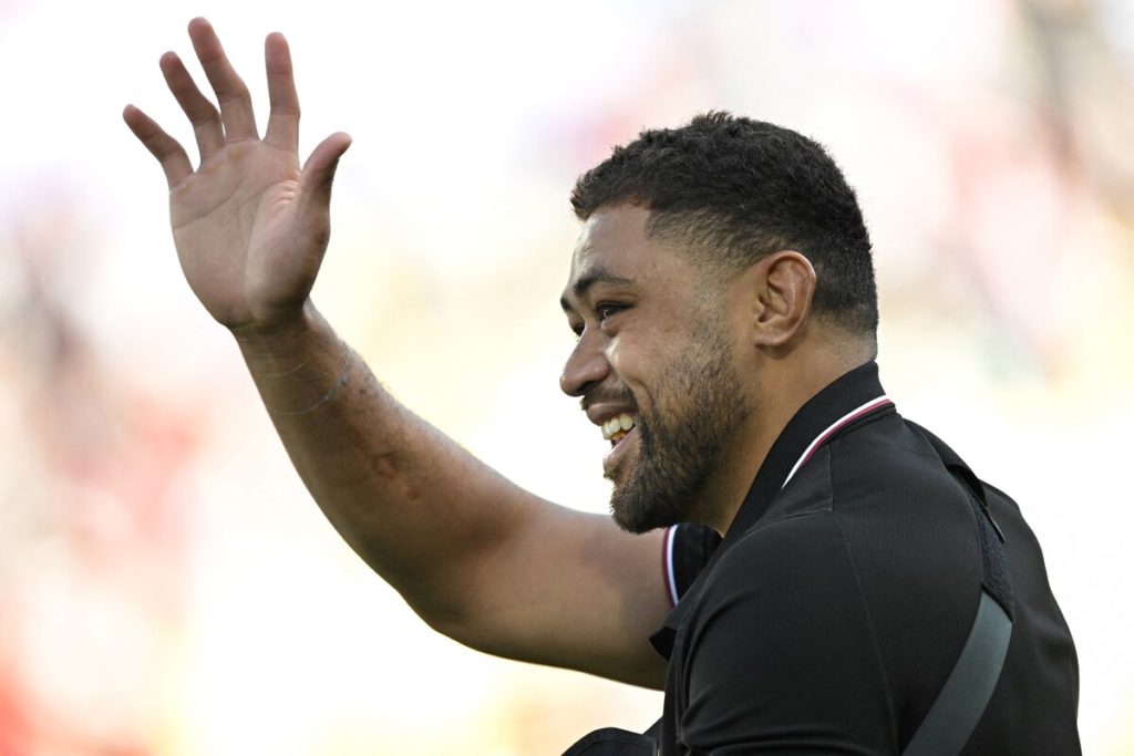 Wales' number eight Taulupe Faletau reacts after victory in the France 2023 Rugby World Cup Pool C match between Wales and Georgia at the Stade de la Beaujoire in Nantes, western France on October 7, 2023.