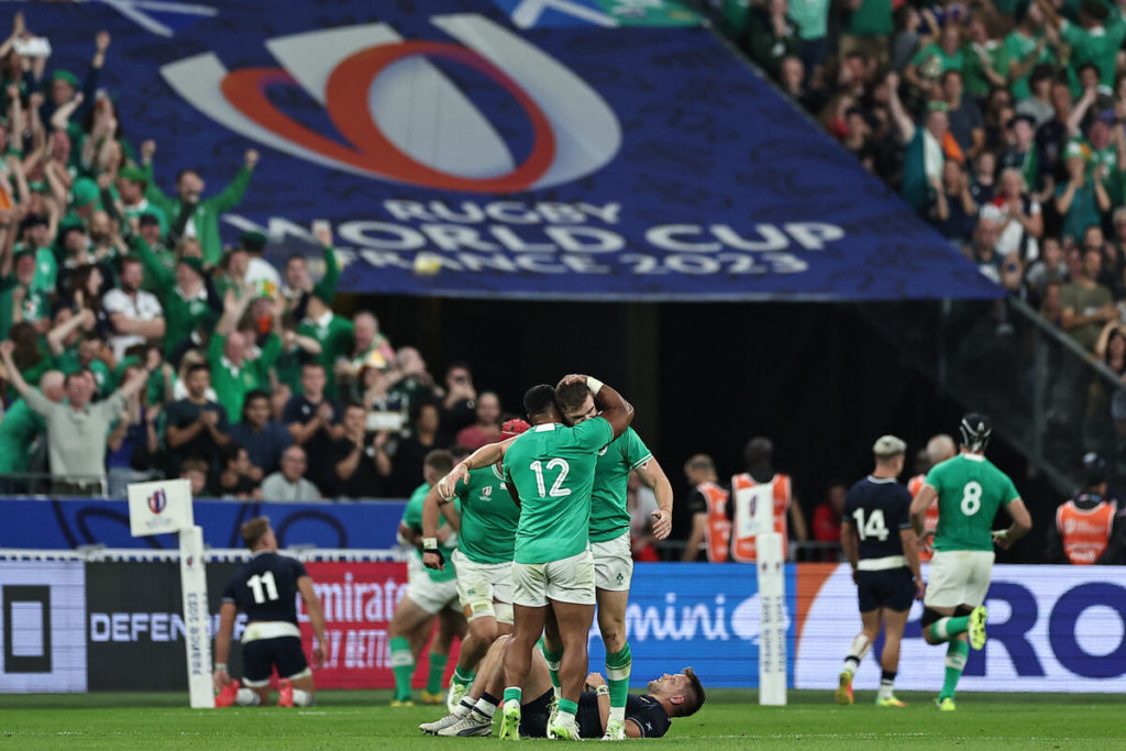 Ireland's centre Bundee Aki (C/12) celebrates after a try during the France 2023 Rugby World Cup Pool B match between Ireland and Scotland at the Stade de France in Saint-Denis, on the outskirts of Paris on October 7, 2023.