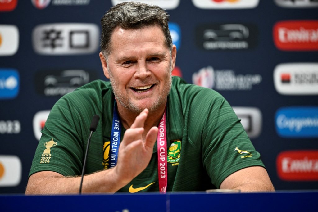 South Africas director Rassie Erasmus speaks during a press conference at Roland Garros Stadium in Paris, on October 10, 2023, as part of the France 2023 Rugby World Cup.