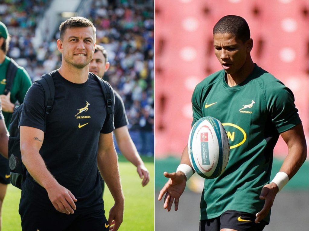 (COMBO)(FILES) This combination of file pictures created on October 11, 2023, shows (L) South Africa's fly-half Handre Pollard arriving for a training session at the Mayol Stadium in Toulon, southern France, on September 28, 2023, during the France 2023 Rugby World Cup and (R) South Africa's fly-half Manie Libbok handling the ball during the captain's run in Johannesburg on July 28, 2023 ahead of their Rugby Championship match against Argentinia on July 29, 2023. - South-Africa, France's opponent for Rugby World Cup 2023's quarter final match, has yet to announce which of these two different fly-halfs will figure in the team's startng roster.