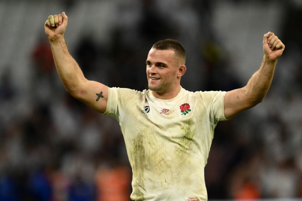 England's flanker Ben Earl celebrates after winning the France 2023 Rugby World Cup quarter-final match between England and Fiji at the Velodrome Stadium in Marseille, southeastern France, on October 15, 2023.
