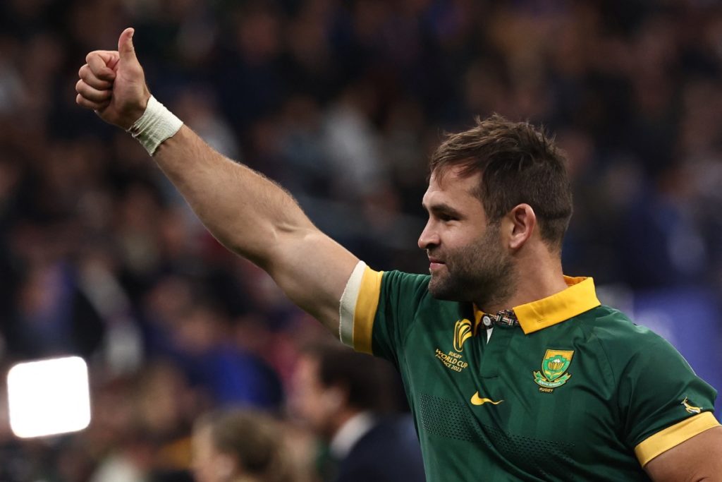 South Africa's scrum-half Cobus Reinach gives a thumbs up as he celebrates his team's victory in the France 2023 Rugby World Cup quarter-final match against France at the Stade de France in Saint-Denis, on the outskirts of Paris, on October 15, 2023.