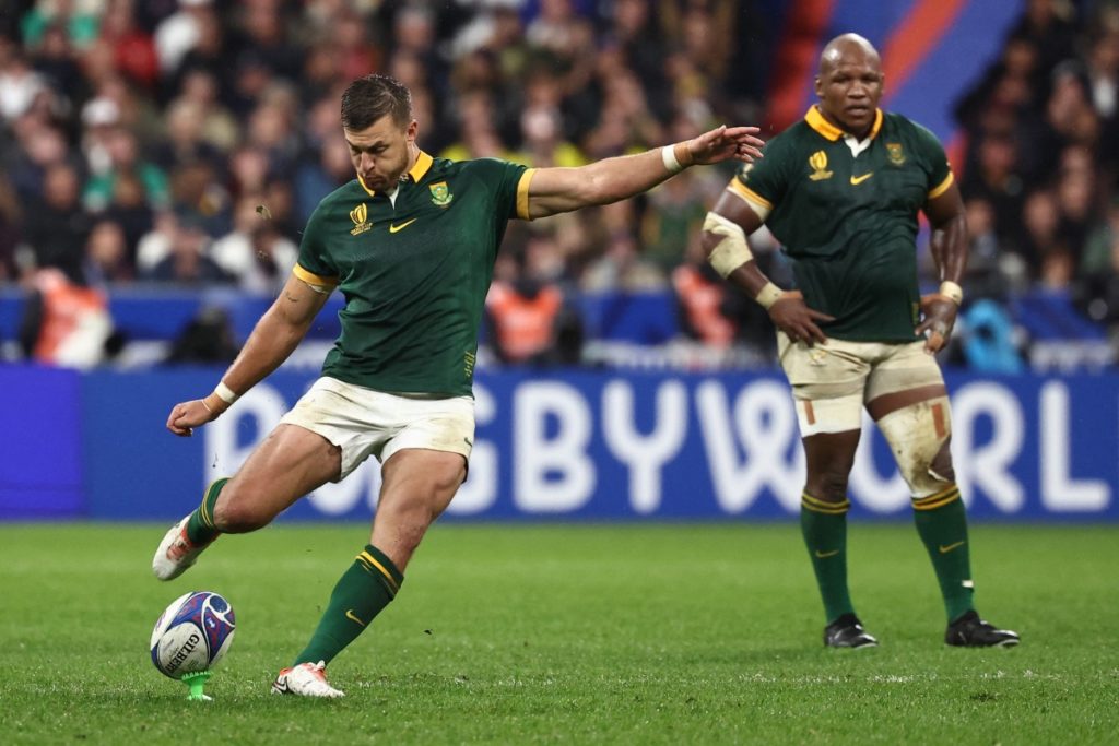 South Africa's fly-half Handre Pollard hits and converts a penalty kick leading to South Africa winning the France 2023 Rugby World Cup semi-final match between England and South Africa at the Stade de France in Saint-Denis, on the outskirts of Paris, on October 21, 2023.
