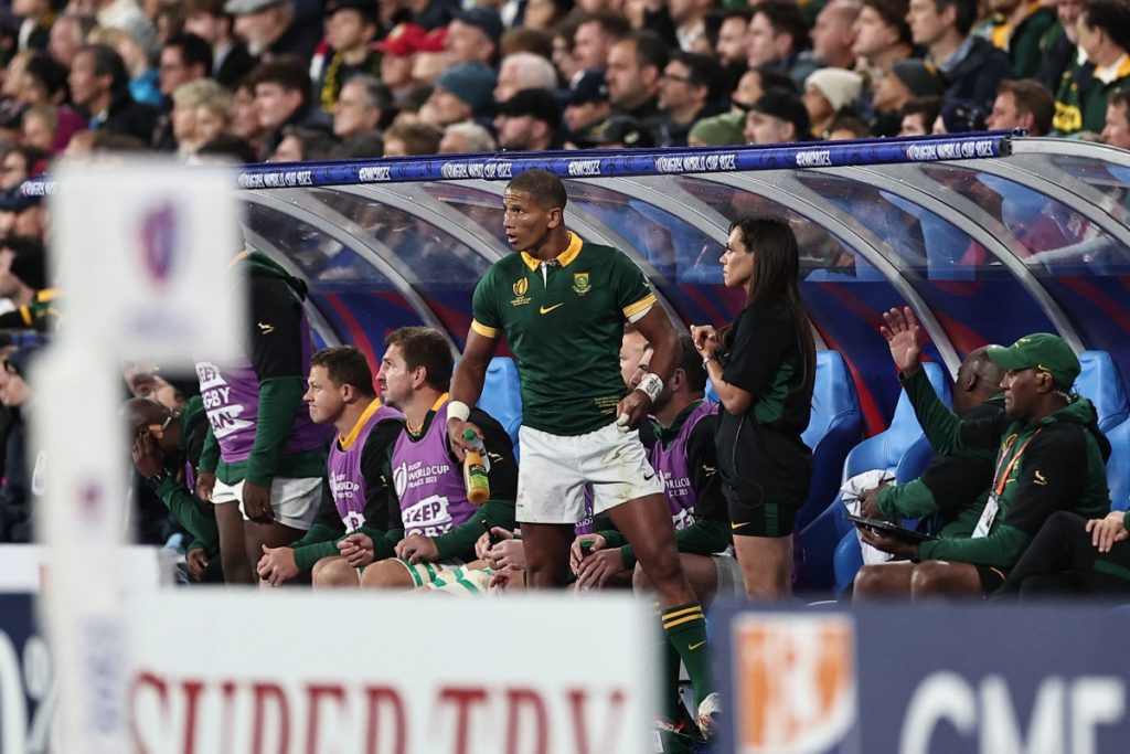 South Africa's fly-half Manie Libbok (C) is seen on the bench after he was substituted by South Africa's fly-half Handre Pollard (unseen) during the France 2023 Rugby World Cup semi-final match between England and South Africa at the Stade de France in Saint-Denis, on the outskirts of Paris, on October 21, 2023.