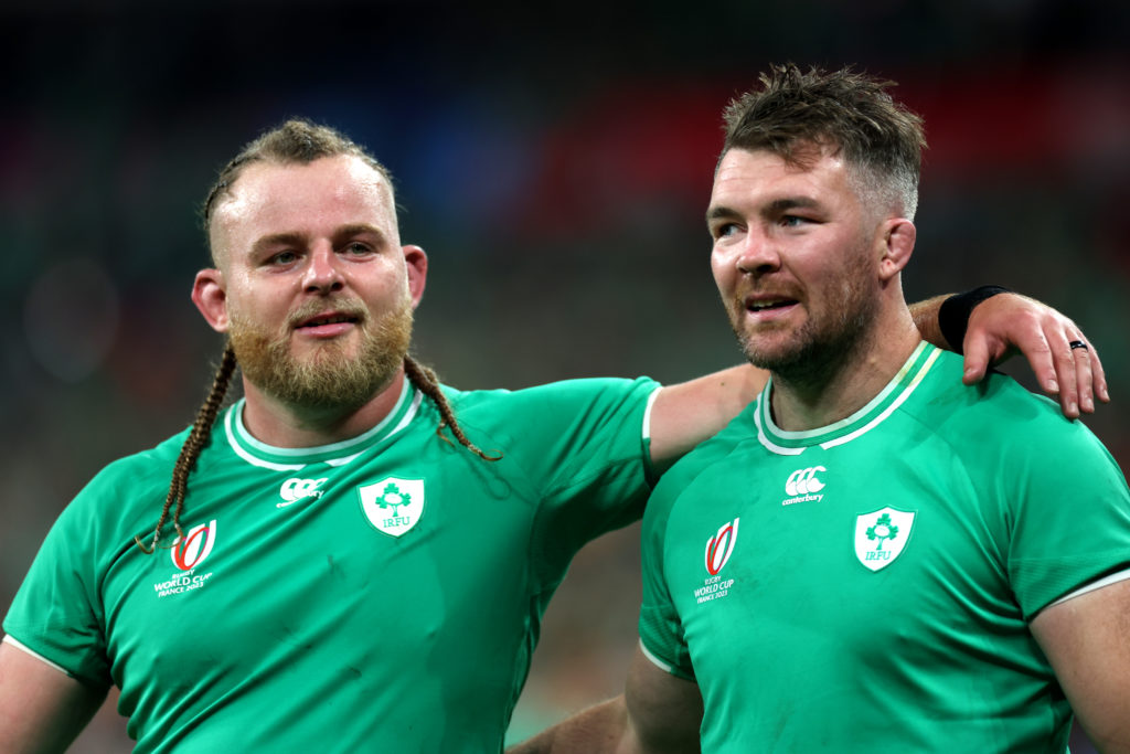 Ireland's Finlay Bealham (left) and team-mate Peter O'Mahony celebrate after the final whistle in the Rugby World Cup 2023, Pool B match at the Stade de France in Paris, France. Picture date: Saturday September 23, 2023.