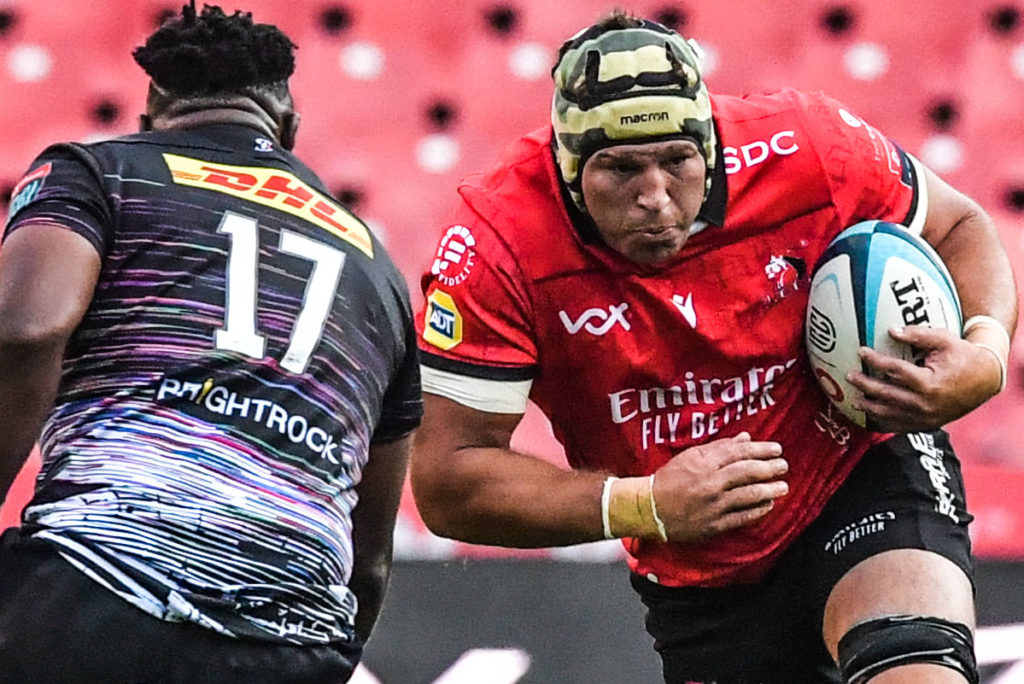 JOHANNESBURG, SOUTH AFRICA - OCTOBER 21: Willem Alberts of the Lions with the ball during the United Rugby Championship match between Emirates Lions and DHL Stormers at Emirates Airline Park on October 21, 2023 in Johannesburg, South Africa. (Photo by Sydney Seshibedi/Gallo Images)