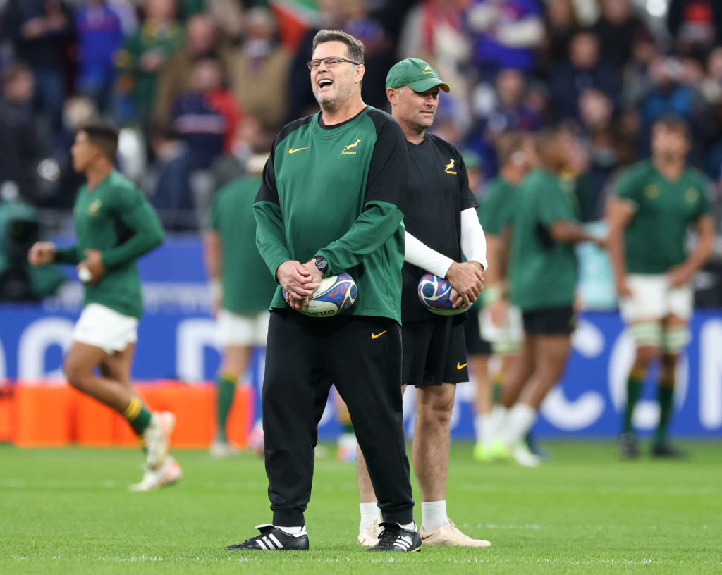 PARIS, FRANCE - OCTOBER 15: Jacques Nienaber, Head Coach of South Africa, speaks with Rassie Erasmus, Coach of South Africa, prior to the Rugby World Cup France 2023 Quarter Final match between France and South Africa at Stade de France on October 15, 2023 in Paris, France.