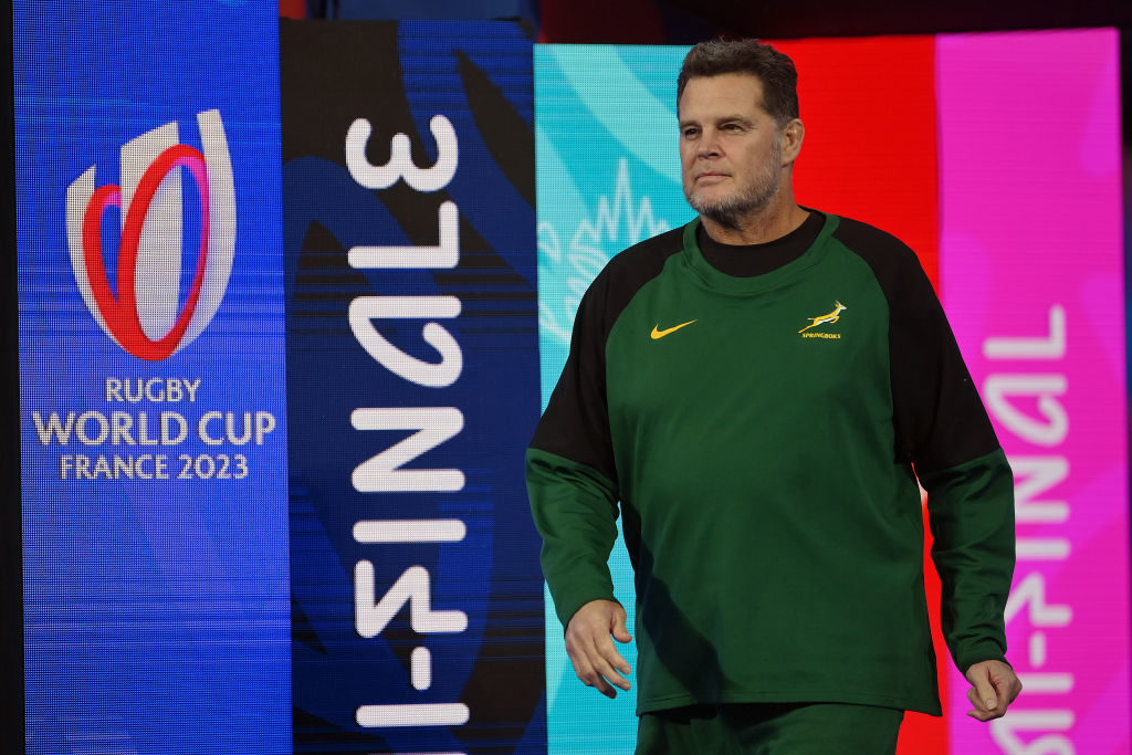 PARIS, FRANCE - OCTOBER 21: Rassie Erasmus, Director of Rugby of South Africa look on prior to the Rugby World Cup France 2023 semi final match between England and South Africa at Stade de France on October 21, 2023 in Paris, France.