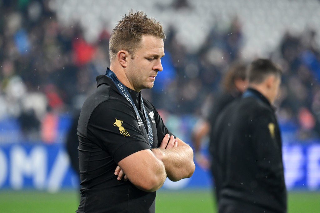 PARIS, FRANCE - OCTOBER 28: Sam Cane of New Zealand looks dejected with his runners up medal following the team's defeat during the Rugby World Cup Final match between New Zealand and South Africa at Stade de France on October 28, 2023 in Paris, France.