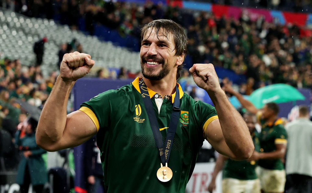 PARIS, FRANCE - OCTOBER 28: Eben Etzebeth of South Africa celebrates victory with his winners medal following the Rugby World Cup Final match between New Zealand and South Africa at Stade de France on October 28, 2023 in Paris, France.