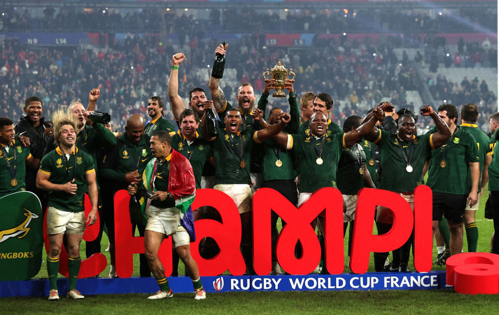 PARIS, FRANCE - OCTOBER 28: South Africa celebrate victory during the Rugby World Cup France 2023 Gold Final match between New Zealand and South Africa at Stade de France on October 28, 2023 in Paris, France.