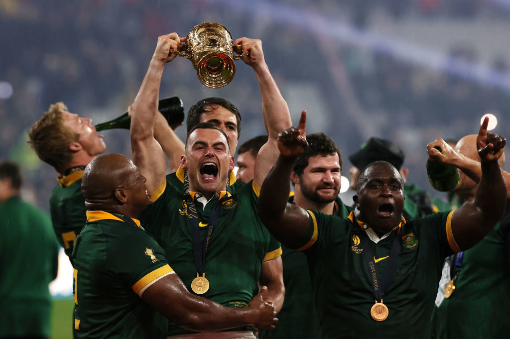 PARIS, FRANCE - OCTOBER 28: Jesse Kriel of South Africa celebrates victory with team mates during the Rugby World Cup France 2023 Gold Final match between New Zealand and South Africa at Stade de France on October 28, 2023 in Paris, France.