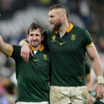 PARIS, FRANCE - OCTOBER 21: Kwagga Smith and RG Snyman of South Africa celebrate following the team's victory during the Rugby World Cup France 2023 match between England and South Africa at Stade de France on October 21, 2023 in Paris, France. (Photo by Hannah Peters/Getty Images)