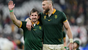 PARIS, FRANCE - OCTOBER 21: Kwagga Smith and RG Snyman of South Africa celebrate following the team's victory during the Rugby World Cup France 2023 match between England and South Africa at Stade de France on October 21, 2023 in Paris, France. (Photo by Hannah Peters/Getty Images)