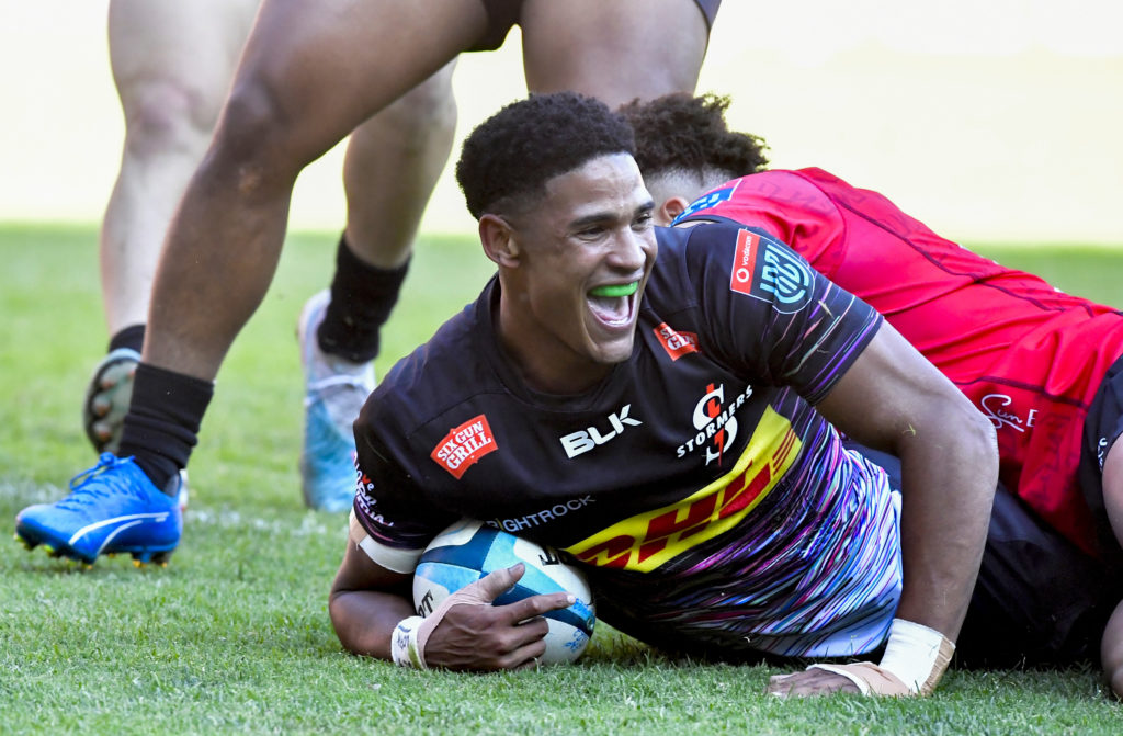 JOHANNESBURG, SOUTH AFRICA - OCTOBER 21: Sacha Mngomezulu of the Stormers scores a try during the United Rugby Championship match between Emirates Lions and DHL Stormers at Emirates Airline Park on October 21, 2023 in Johannesburg, South Africa.