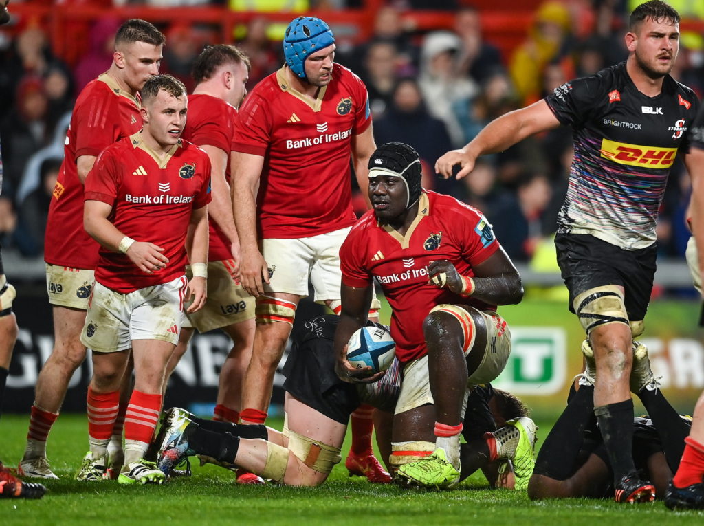 Limerick , Ireland - 18 November 2023; Edwin Edogbo of Munster celebrates after scoring his side's first try during the United Rugby Championship match between Munster and DHL Stormers at Thomond Park in Limerick.