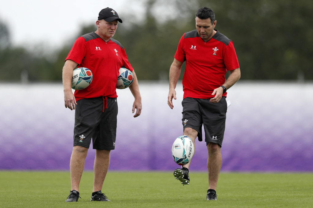 Wales' coaches Neil Jenkins (L) and Stephen Jones (R) during a training session at The Toyota Verblitz rugby football club in Toyota City on September 21, 2019. (Photo by Adrian DENNIS / AFP)
