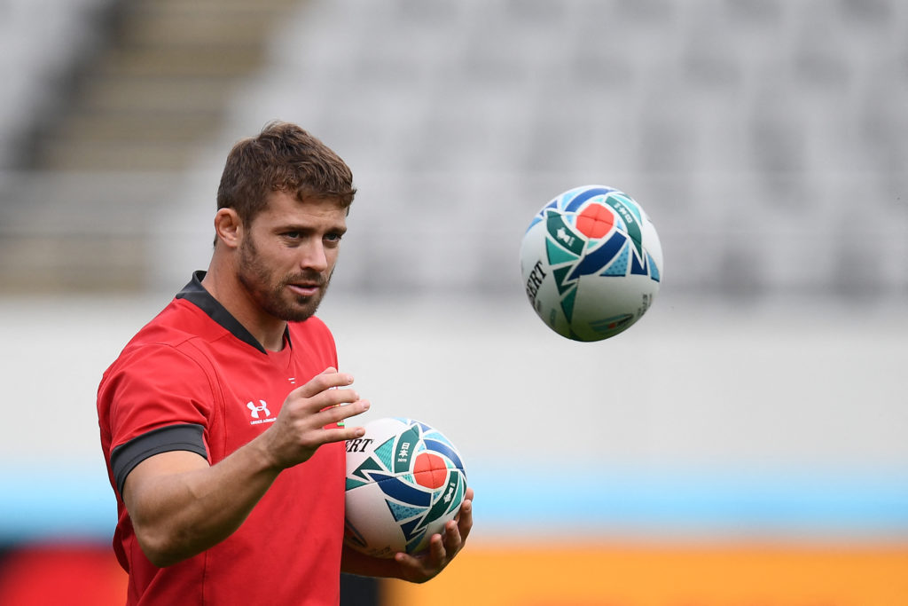 Wales' full back Leigh Halfpenny takes part in the Captain's Run at Tokyo Stadium in Tokyo on October 31, 2019, a day before the Japan 2019 Rugby World Cup bronze final against New Zealand. (Photo by Charly TRIBALLEAU / AFP)