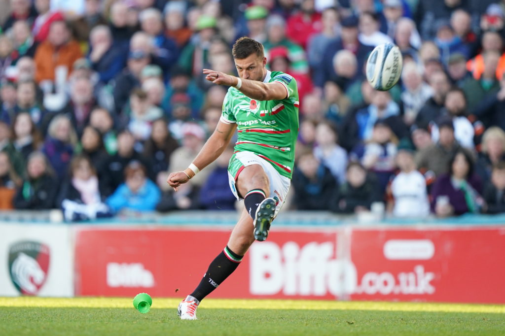Leicester's Handre Pollard kicks a penalty during the Gallagher Premiership match at the Mattioli Woods Welford Road Stadium, Leicester. Picture date: Saturday November 11, 2023.