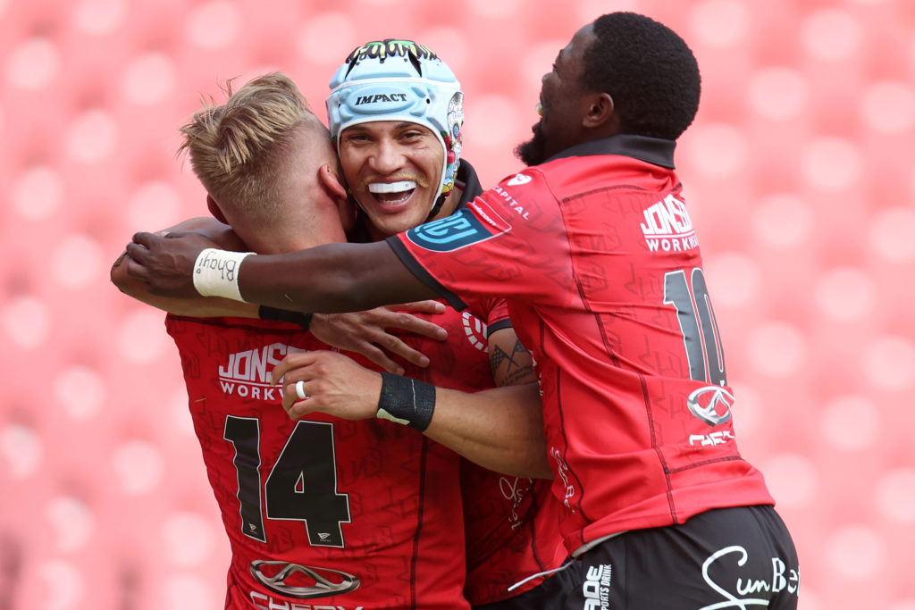 Edwill van der Merwe of the Lions celebrates try with teammates during the United Rugby Championships 2023 match between Lions v Zebre at the Ellis Park Stadium, Johannesburg on the 25 November 2023 ©Muzi Ntombela/BackpagePix