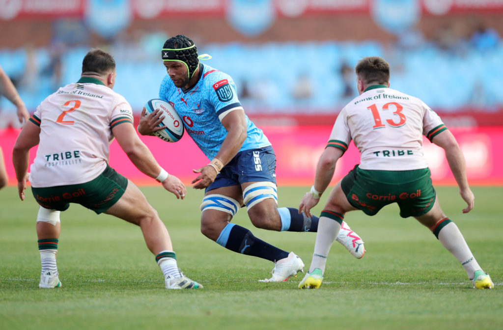 Nizaam Carr of the Vodacom Bulls challenged by Tadgh McElroy and David Hawkshaw of Connacht XV during the 2023 United Rugby Championships match between Bulls and Connacht at Loftus Stadium in Pretoria on 25 November 2023 ©Samuel Shivambu/BackpagePix