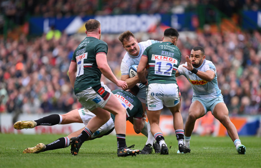 LEICESTER, ENGLAND - MAY 06: Andre Esterhuizen of Harlequins is tackled by Dan Kelly of Leicester Tigers during the Gallagher Premiership Rugby match between Leicester Tigers and Harlequins at Mattioli Woods Welford Road Stadium on May 06, 2023 in Leicester, England.