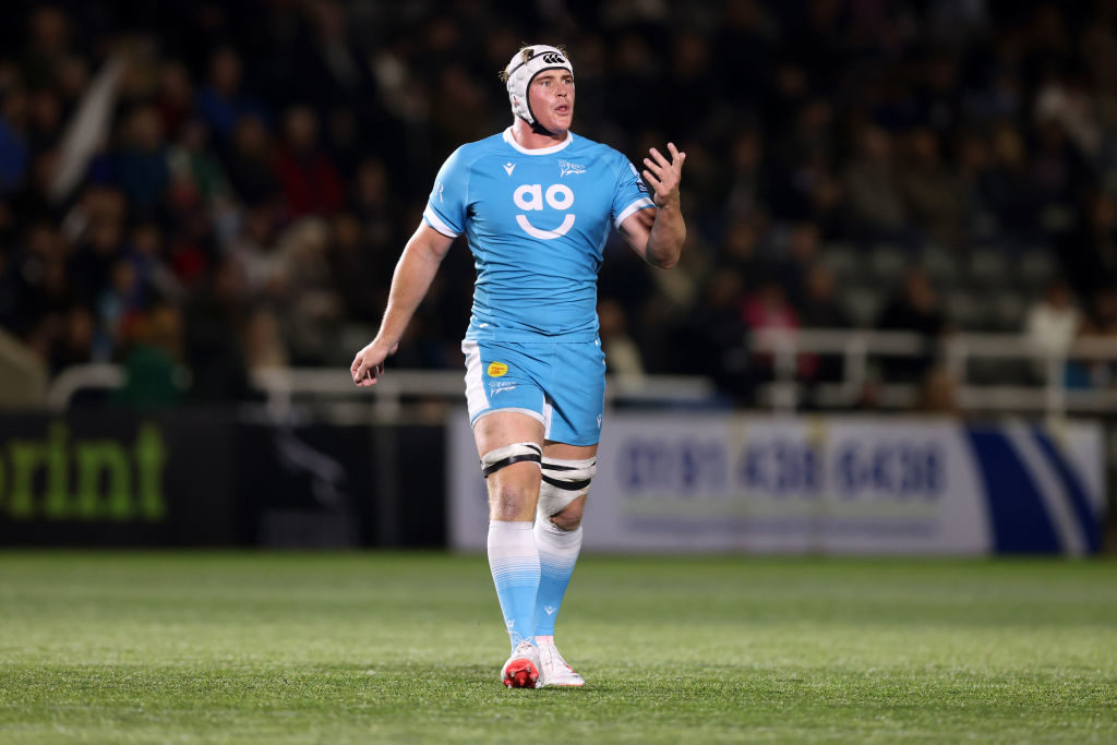 NEWCASTLE UPON TYNE, ENGLAND - SEPTEMBER 22: Ernst van Rhyn of Sale Sharks reacts during the Premiership Rugby Cup match between Newcastle Falcons and Sale Sharks at Kingston Park on September 22, 2023 in Newcastle upon Tyne, England.