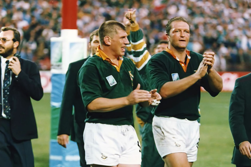 SOUTH AFRICA - UNDATED: Rudolf Straeuli, Hannes Strydom of the 1995 Springboks playing rugby in South Africa (Photo by Wessel Oosthuizen/Gallo Images)
