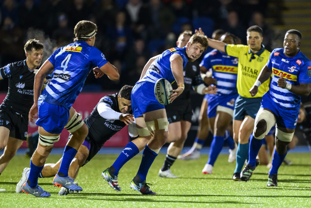 Mandatory Credit: Photo by Craig Watson/INPHO/Shutterstock (14183124o) Glasgow Warriors vs DHL Stormers. Stormers Evan Roos tackled by Sione Tuipulotu of the Warriors BKT United Rugby Championship, Scotstoun, Glasgow - 03 Nov 2023